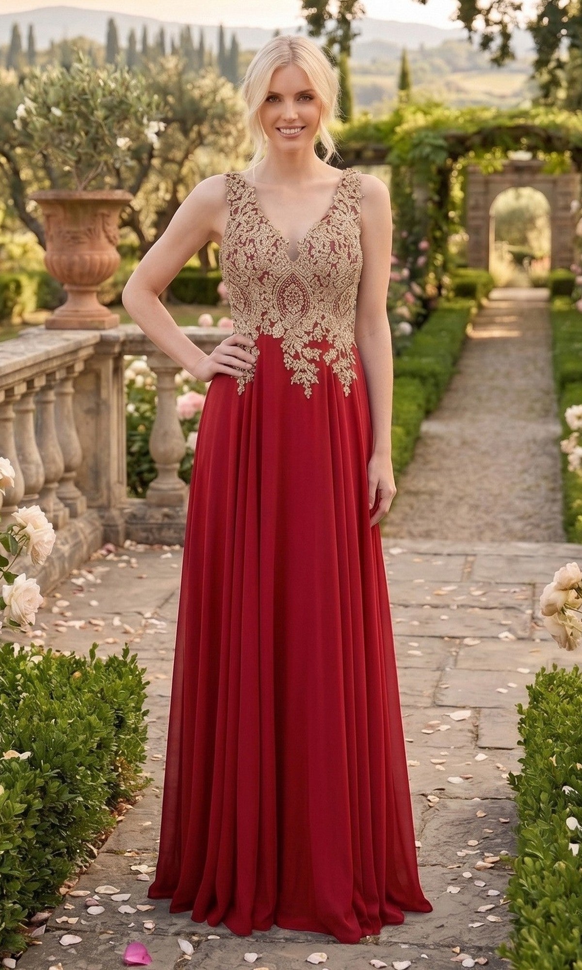A woman in the red Chicas DM4006 long formal dress, featuring a gold embroidered bodice and a flowing chiffon A-line skirt, stands in a formal garden with stone pathways, greenery, and potted plants.